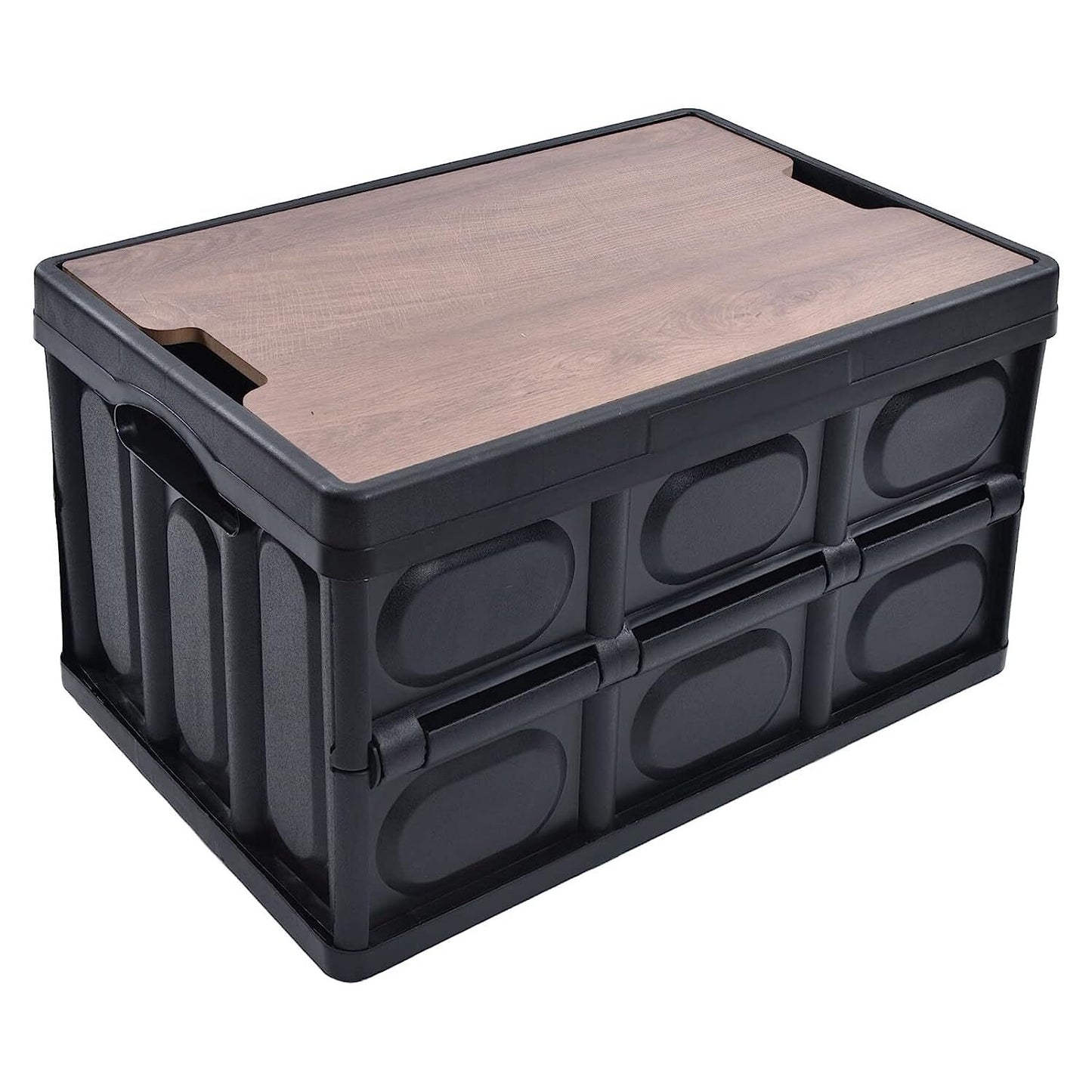 Portable Folding Outdoor Storage Box Garden Deck Container Organiser (30L, Black & Wood)