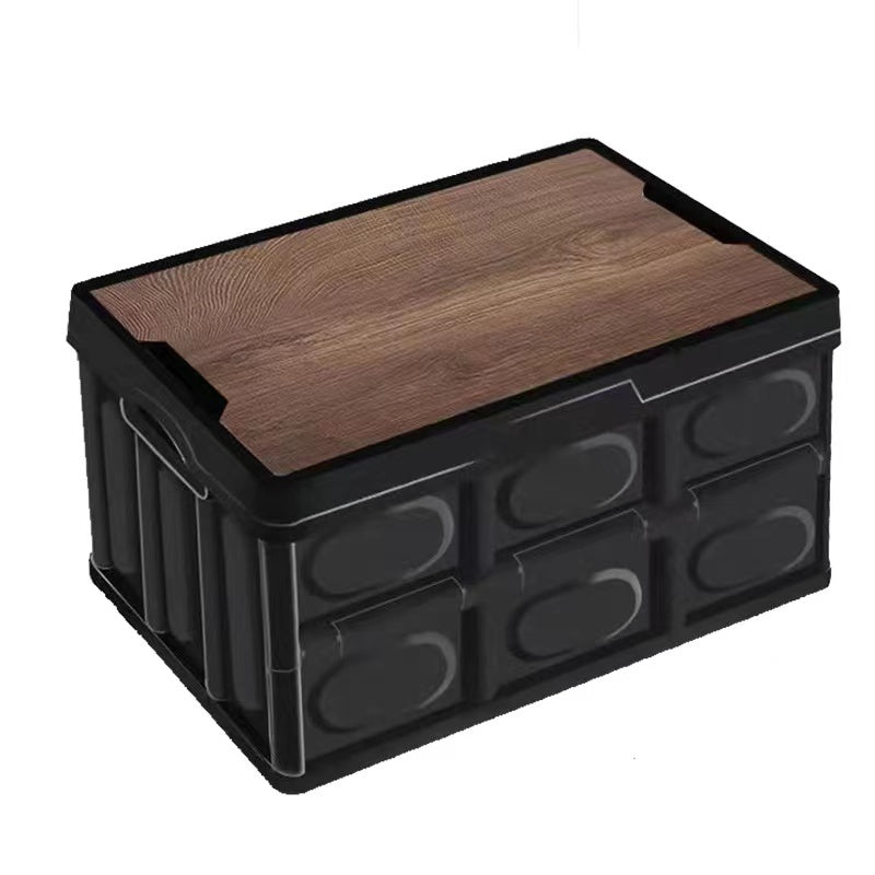 Portable Folding Outdoor Storage Box Garden Deck Container Organiser (30L, Black & Wood)