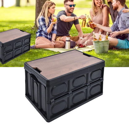 Portable Folding Outdoor Storage Box Garden Deck Container Organiser (30L, Black & Wood)