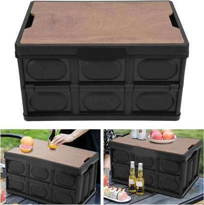 Portable Folding Outdoor Storage Box Garden Deck Container Organiser (30L, Black & Wood)