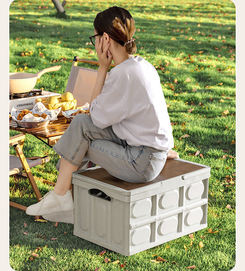 Portable Folding Outdoor Storage Box Garden Deck Container Organiser (30L, White & Wood)