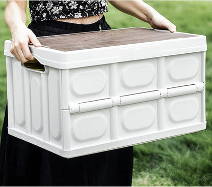 Portable Folding Outdoor Storage Box Garden Deck Container Organiser (30L, White & Wood)