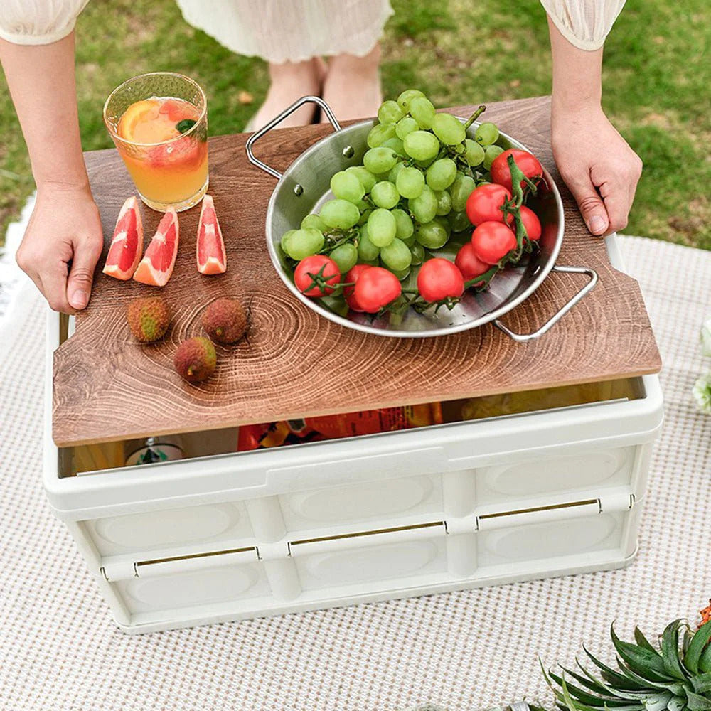 Portable Folding Outdoor Storage Box Garden Deck Container Organiser (30L, White & Wood)