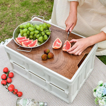 Portable Folding Outdoor Storage Box Garden Deck Container Organiser (30L, White & Wood)