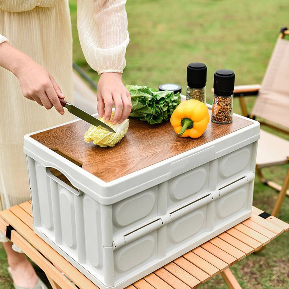 Portable Folding Outdoor Storage Box Garden Deck Container Organiser (30L, White & Wood)