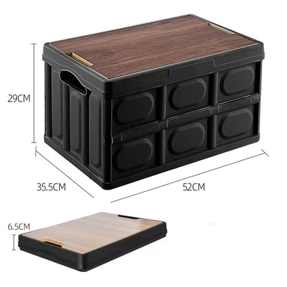 Large Portable Folding Outdoor Storage Box Garden Deck Container Organiser (56L, Black & Wood)