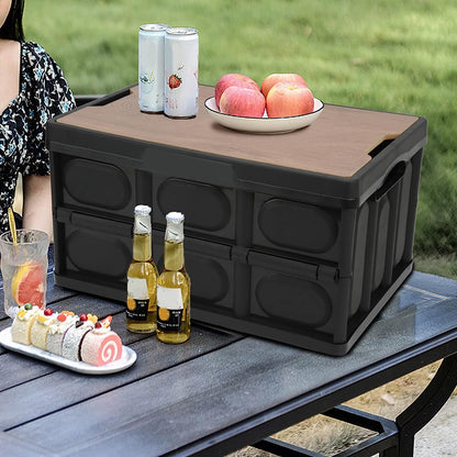 Large Portable Folding Outdoor Storage Box Garden Deck Container Organiser (56L, Black & Wood)