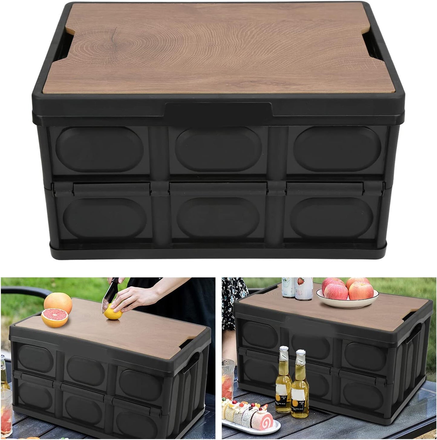 Large Portable Folding Outdoor Storage Box Garden Deck Container Organiser (56L, Black & Wood)