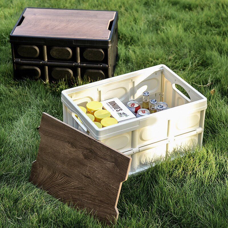 Large Portable Folding Outdoor Storage Box Garden Deck Container Organiser (56L, Black & Wood)