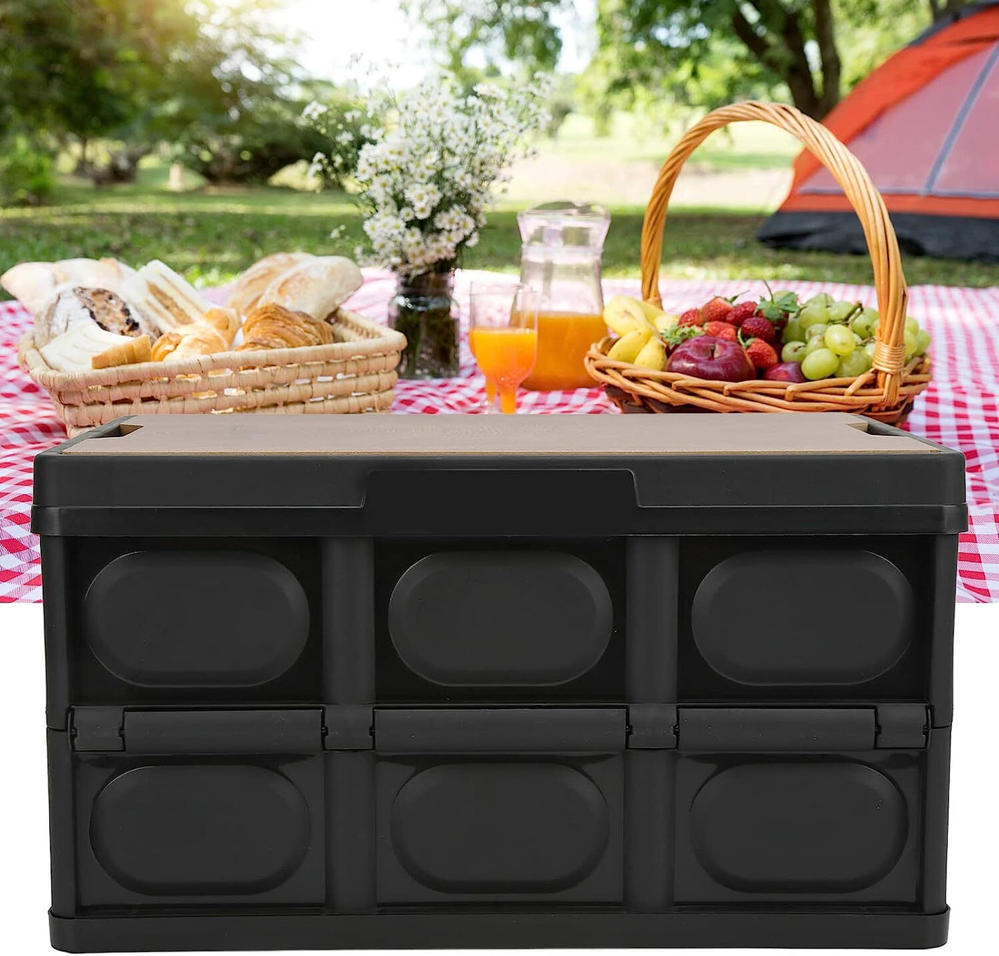 Large Portable Folding Outdoor Storage Box Garden Deck Container Organiser (56L, Black & Wood)