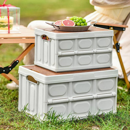 Large Portable Folding Outdoor Storage Box Garden Deck Container Organiser (56L, White & Wood)