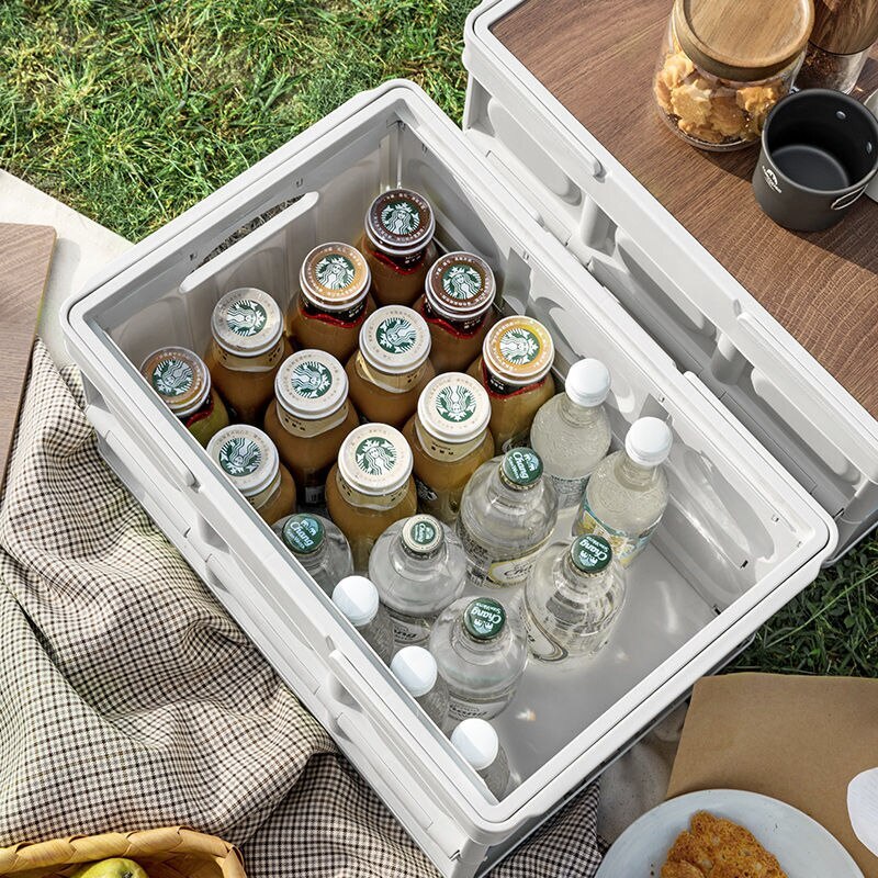 Large Portable Folding Outdoor Storage Box Garden Deck Container Organiser (56L, White & Wood)