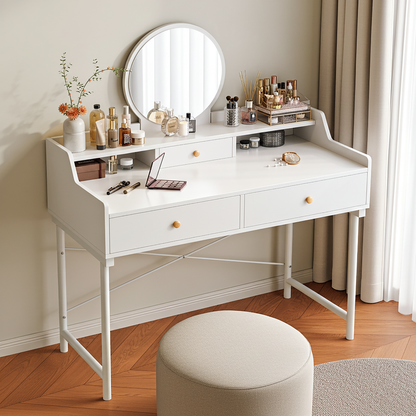 Grande Makeup Vanity Dressing Table with Round Mirror and Drawers White