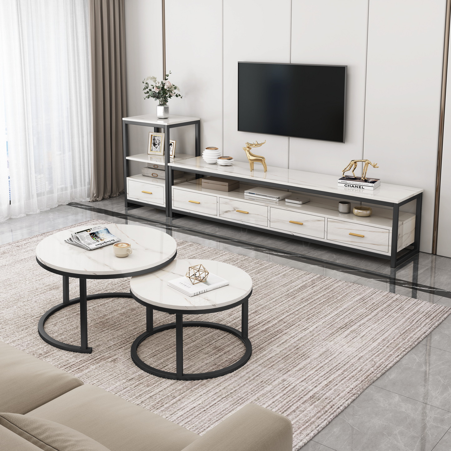 3-Piece Set Synergy Luxury Marble Look Coffee Table, TV Cabinet & Side Table (White)