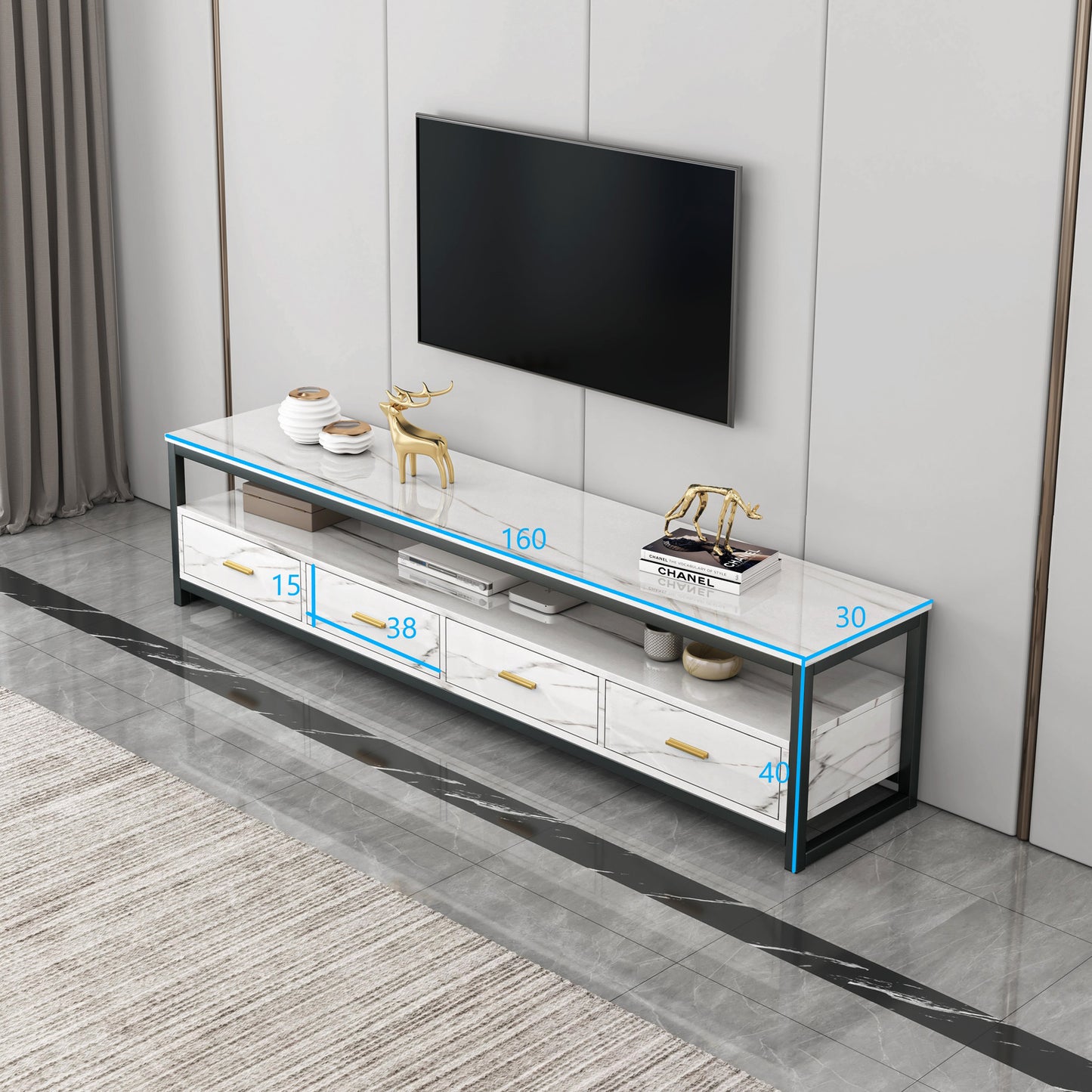 3-Piece Set Synergy Luxury Marble Look Coffee Table, TV Cabinet & Side Table (White)