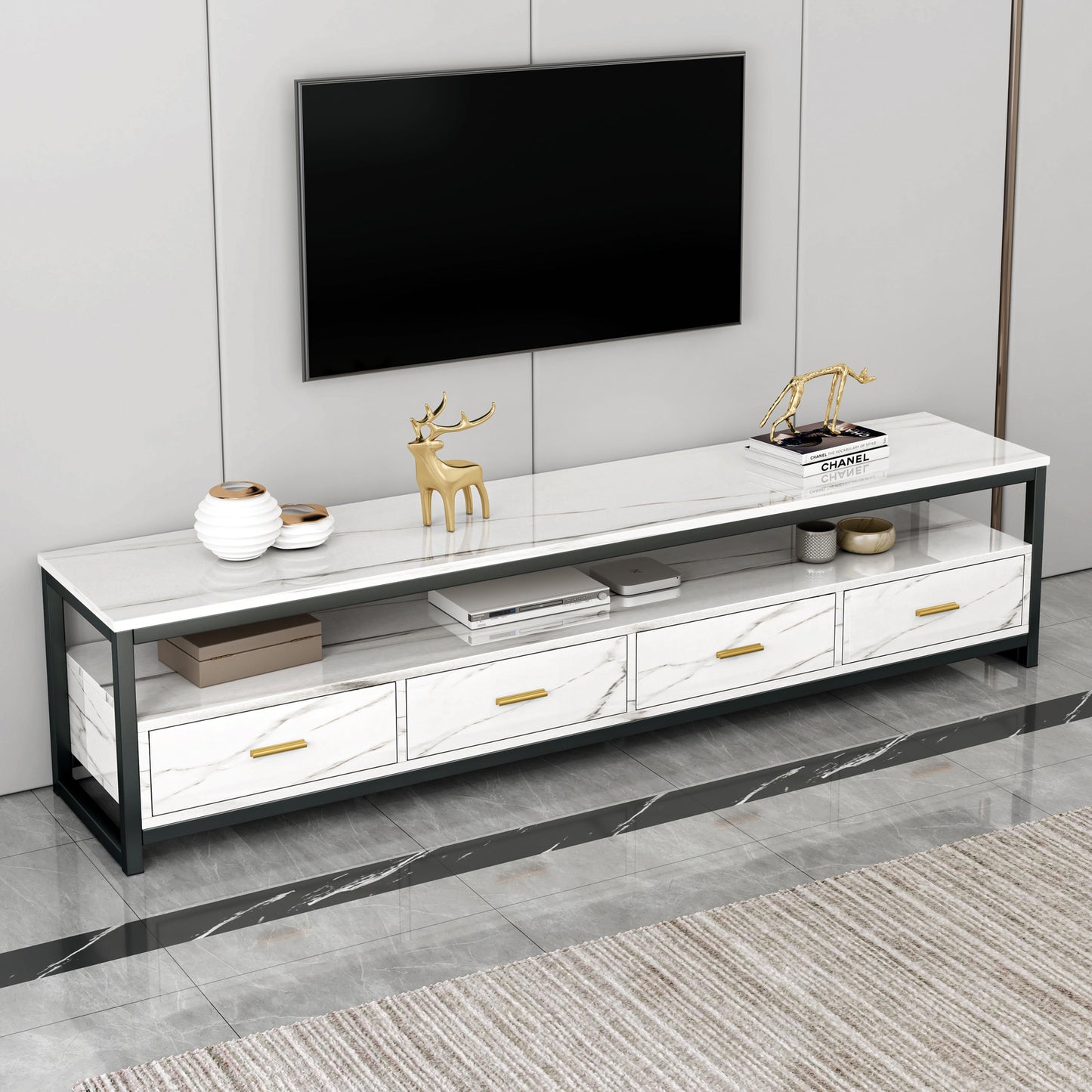 3-Piece Set Synergy Luxury Marble Look Coffee Table, TV Cabinet & Side Table (White)