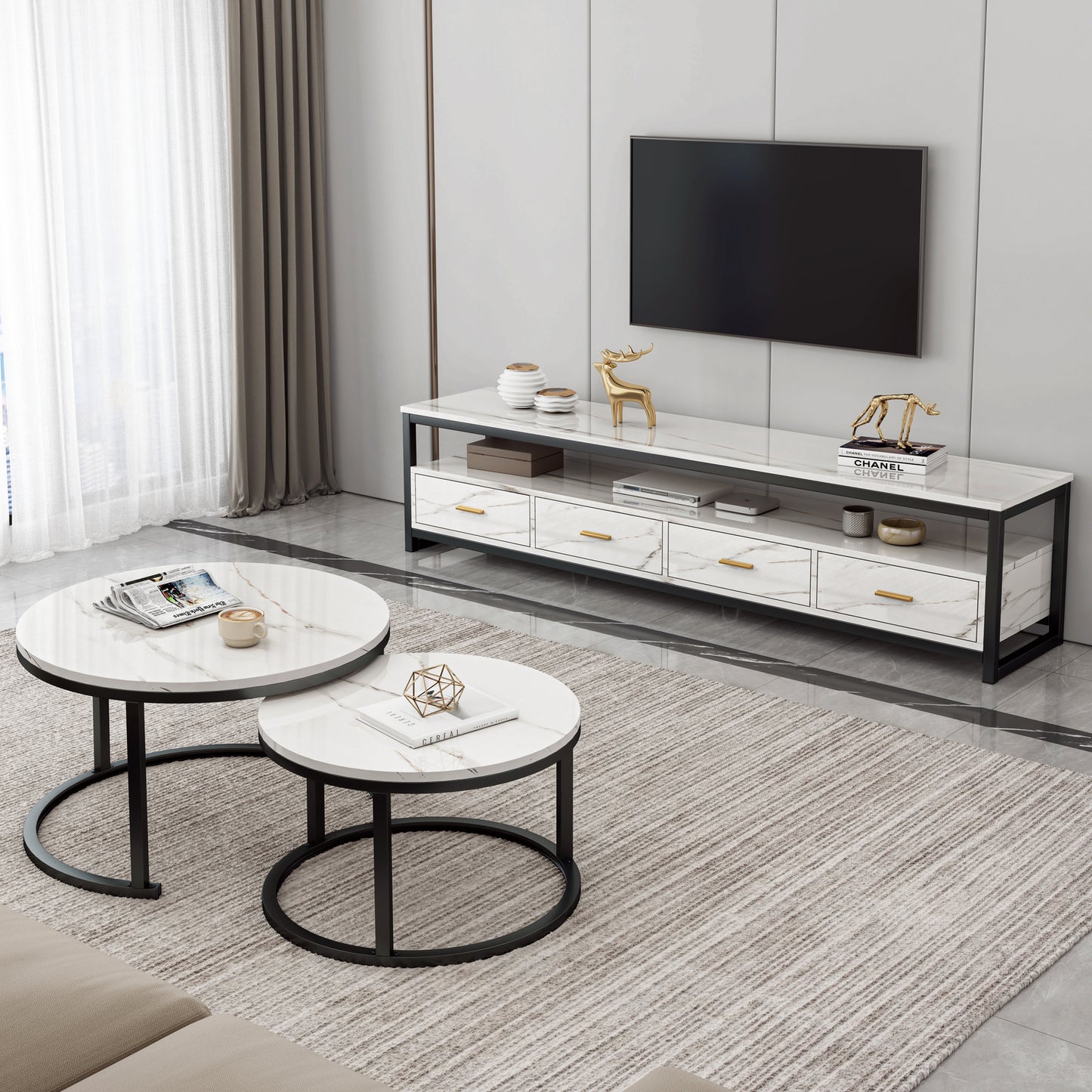 3-Piece Set Synergy Luxury Marble Look Coffee Table, TV Cabinet & Side Table (White)