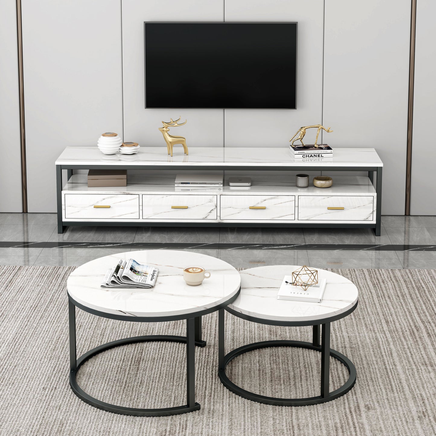 3-Piece Set Synergy Luxury Marble Look Coffee Table, TV Cabinet & Side Table (White)