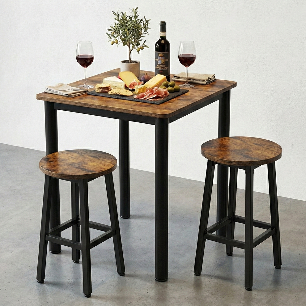 3 Piece Forge Premium Rustic Industrial Wood & Steel Bar Table and Sto