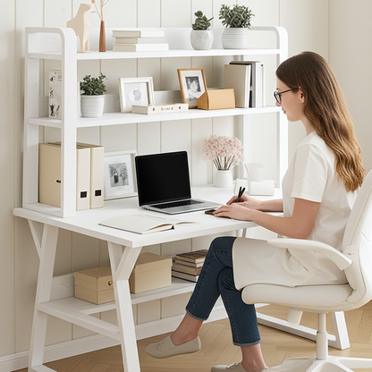 Aspire Large Industrial Office Computer Desk Workstation with Bookshelf (White)