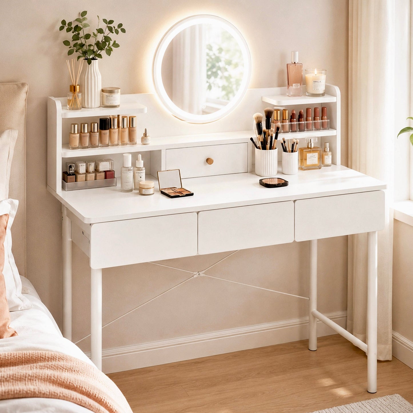 Luxe LED Large White Makeup Vanity Dressing Table Mirror Drawers Shelves