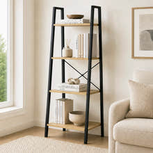 Elevate Rustic Oak 4-Tier Ladder Shelf Wood & Metal Bookcase Storage Organizer