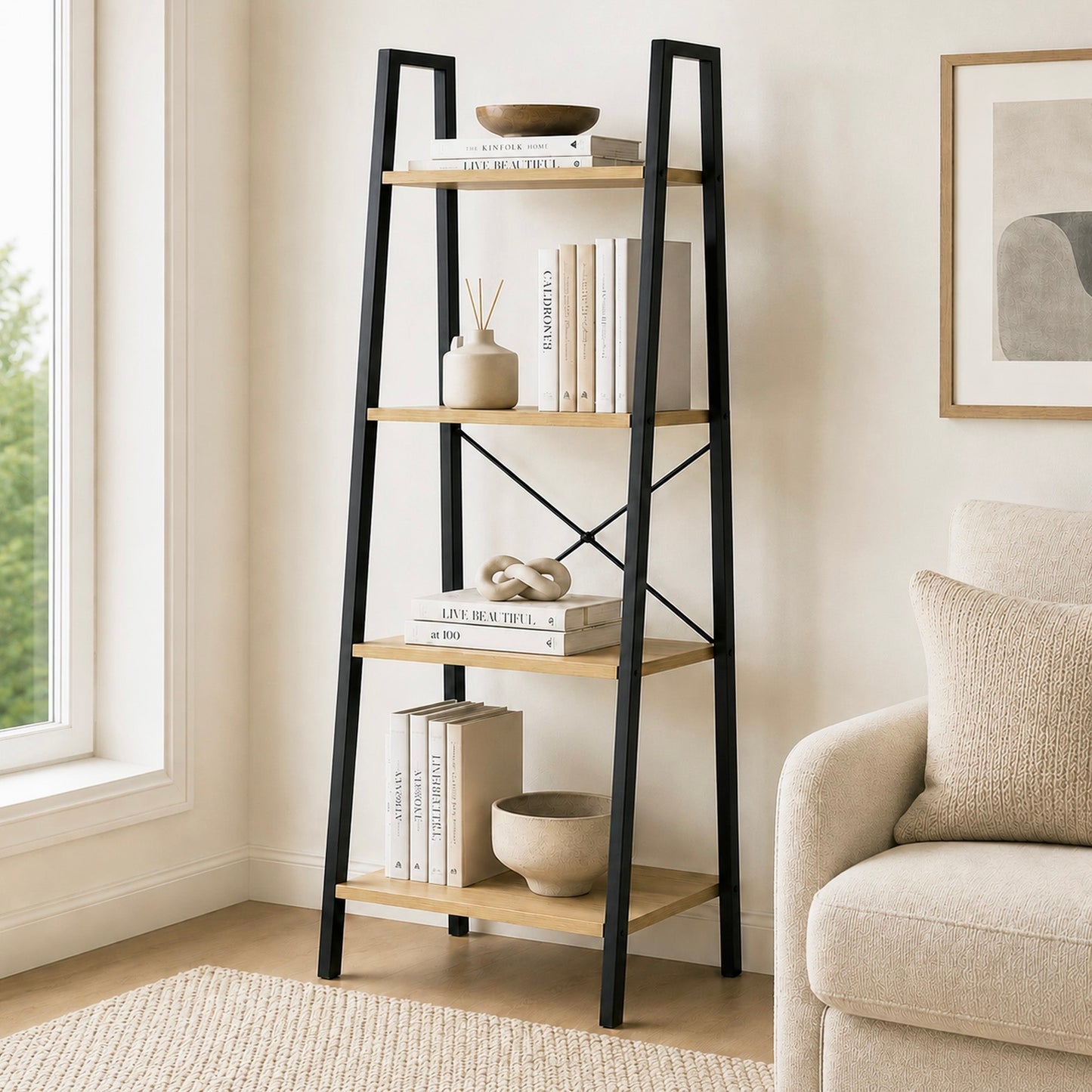 Elevate Rustic Oak 4-Tier Ladder Shelf Wood & Metal Bookcase Storage Organizer