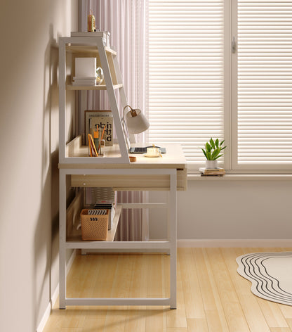 Enterprise Large Computer Desk Workstation with Shelves & Drawers (White Oak)