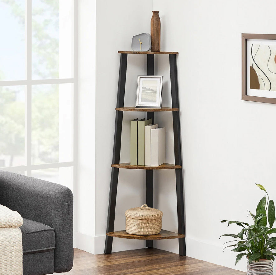 4-Tier Corner Ladder Shelf Unit Rustic Wood & Steel Display Stand Storage Rack