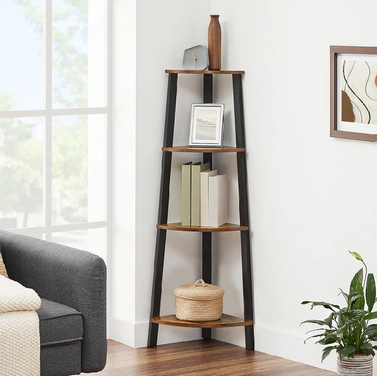 4-Tier Corner Ladder Shelf Unit Rustic Wood & Steel Display Stand Storage Rack