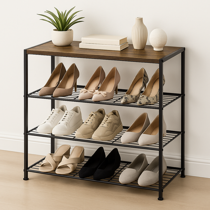 Vita 4-Tier Rustic Wood & Metal Shoe Rack Storage Shelf Organiser