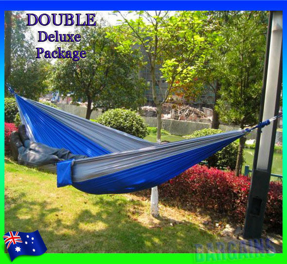 Deluxe Double Portable Fabric Hammock with Ropes BLUE