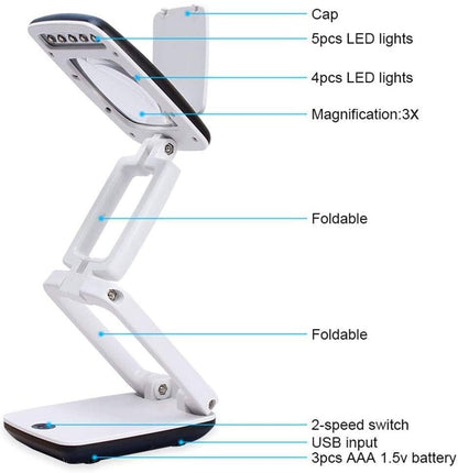 Foldable Desktop Magnifier Lamp Magnifying Glass with Adjustable LED Lights