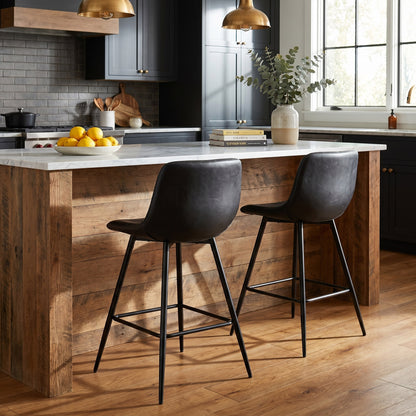 2 x Enliven Designer Faux Leather Bar Stools (Black - Set of 2)