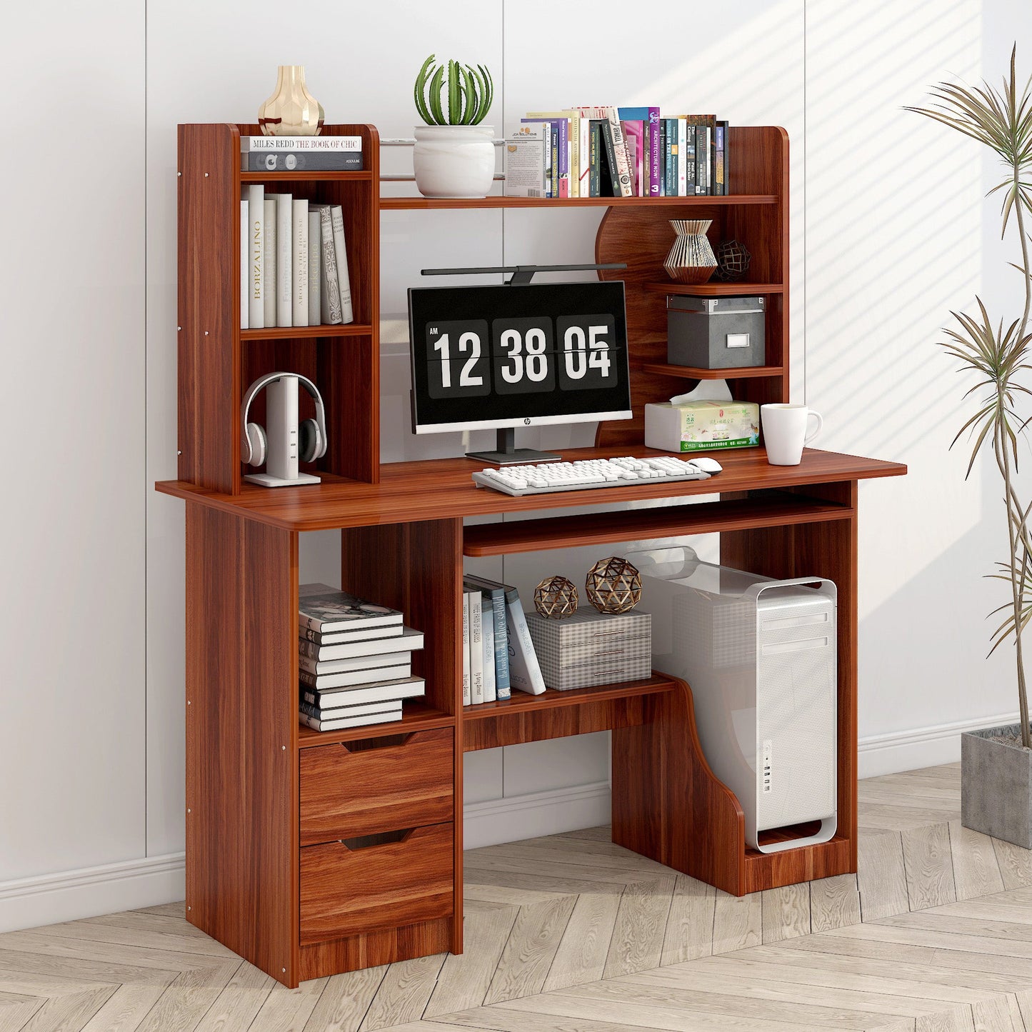 Expert Computer Desk Workstation with Shelf & Cabinet (Walnut)