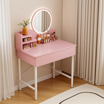 LED Mirror Makeup Vanity Dressing Table Pink Desk with Drawer Storage