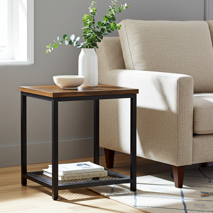 Loft Rustic Industrial Wood & Steel Side Table with Storage Shelf