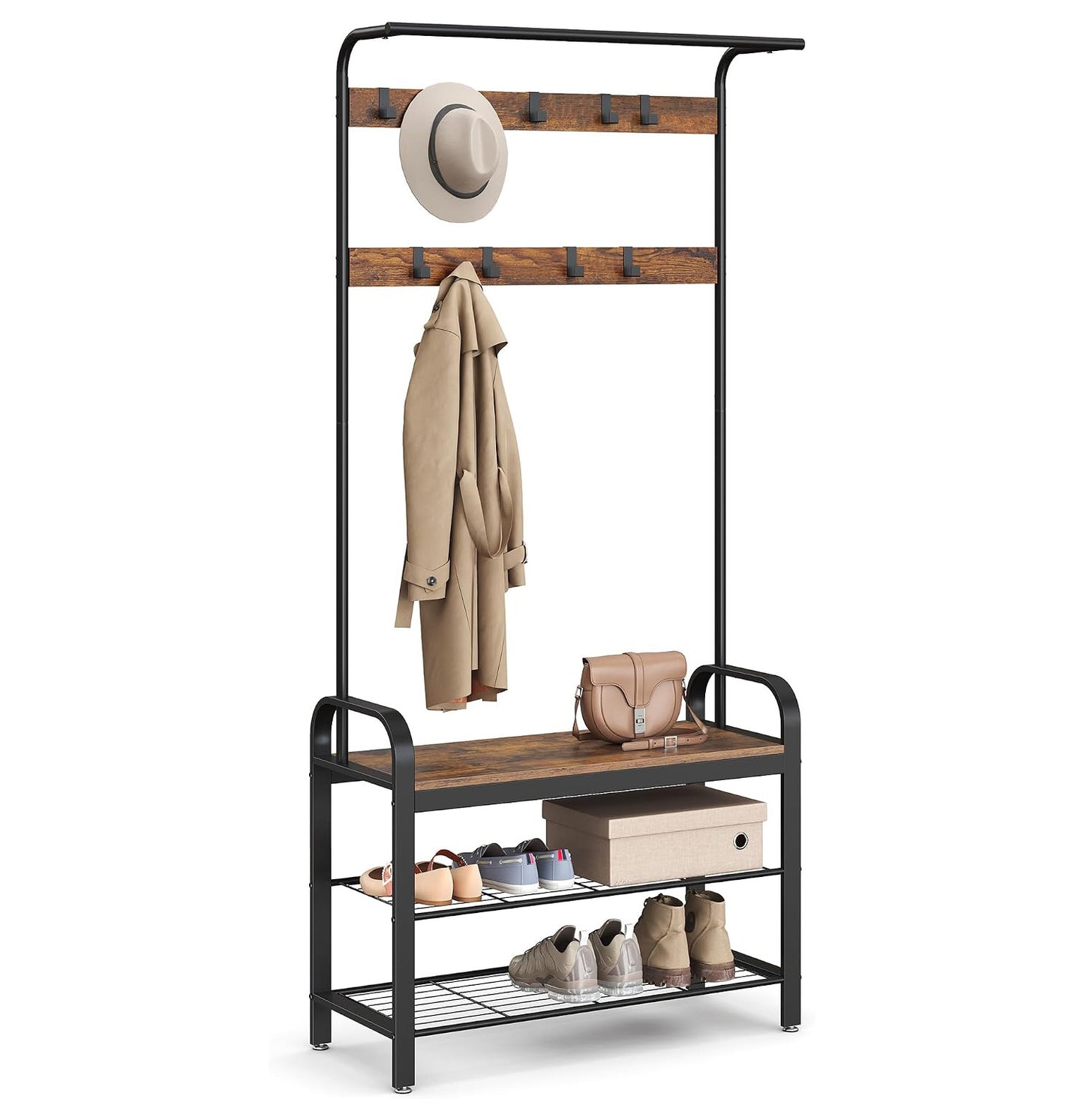 4-in-1 Tall Rustic Wood Coat Clothes Hanger Rack with Shoe Bench