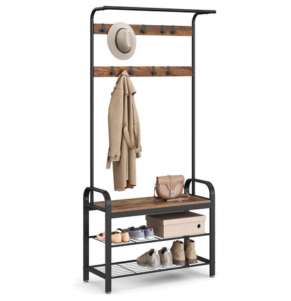 4-in-1 Tall Rustic Wood Coat Clothes Hanger Rack with Shoe Bench