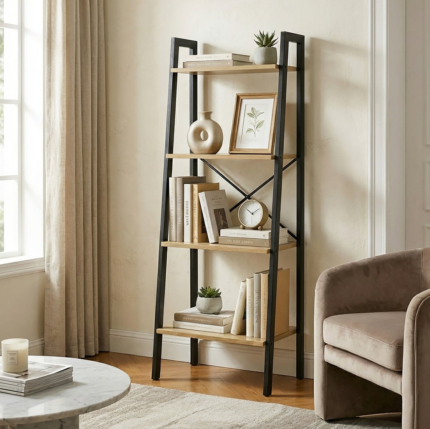 Elevate Rustic Oak 4-Tier Ladder Shelf Wood & Metal Bookcase Storage Organizer