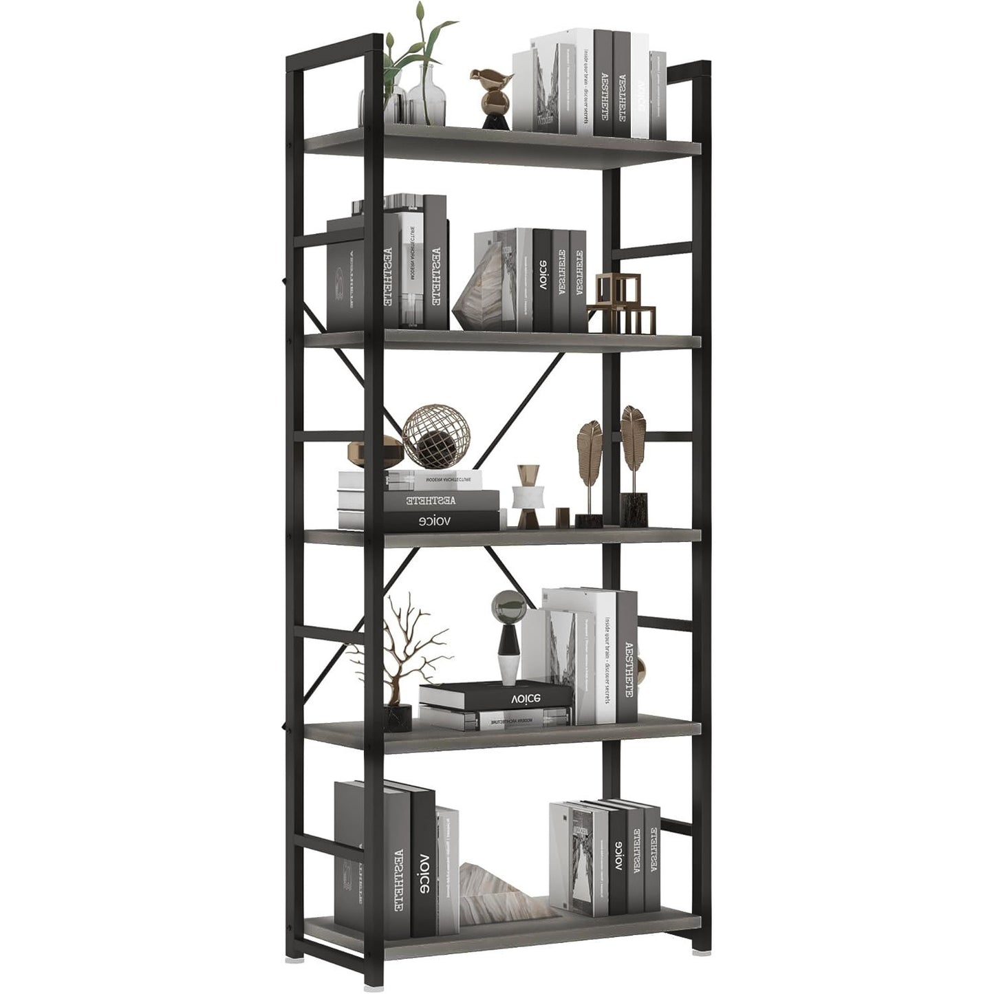 5 Tier Multifunction Heavy Duty Bookcase Wood & Steel Storage Shelf Organizer (Driftwood)