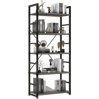 5 Tier Multifunction Heavy Duty Bookcase Wood & Steel Storage Shelf Organizer (Driftwood)