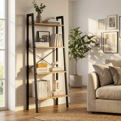 Elevate Rustic Oak 4-Tier Ladder Shelf Wood & Metal Bookcase Storage Organizer