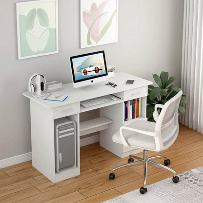 Executive Office Computer Desk with Drawers, Cabinet, Shelves (White)