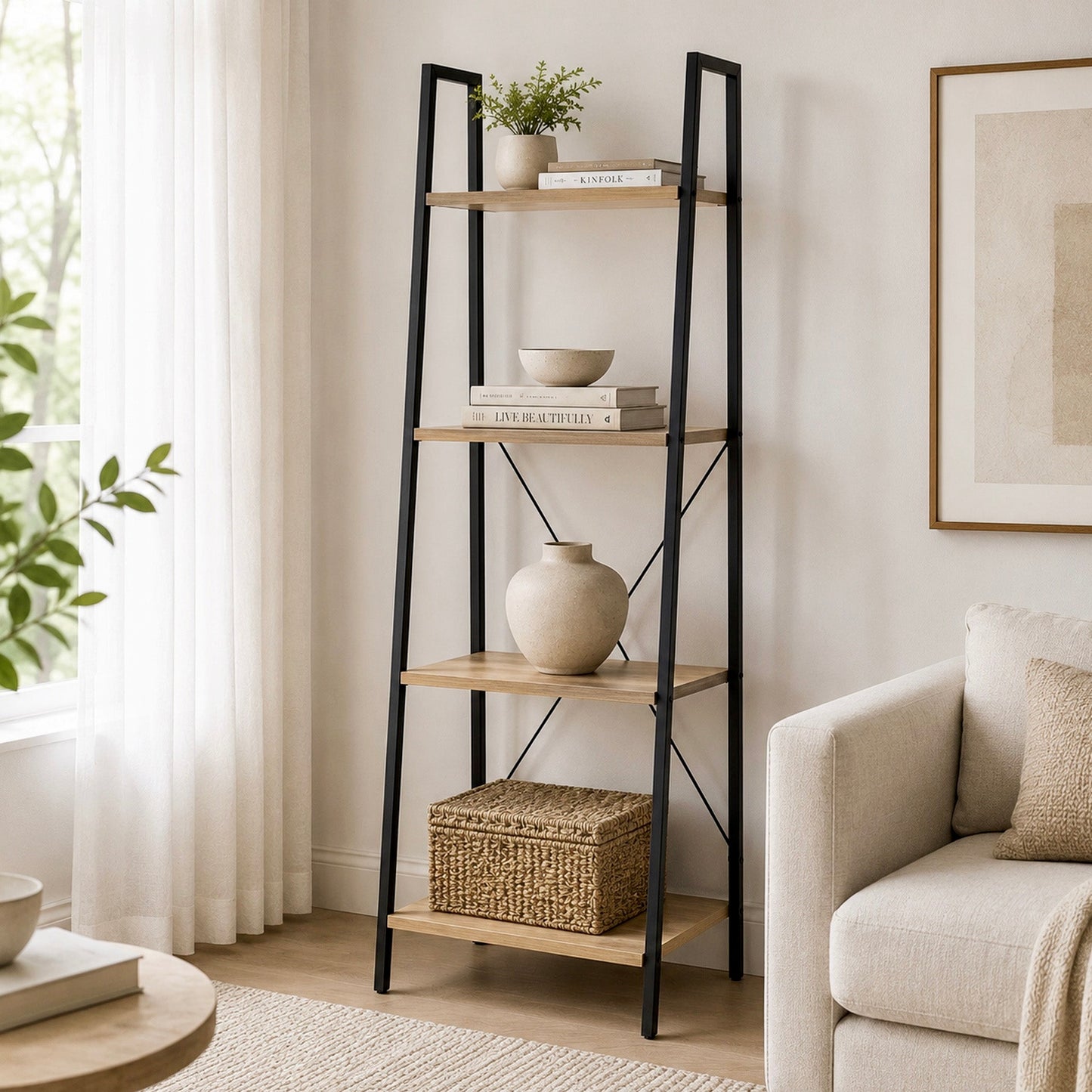 Elevate Rustic Oak 4-Tier Ladder Shelf Wood & Metal Bookcase Storage Organizer