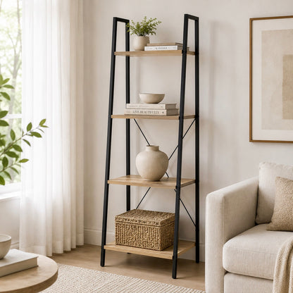 Elevate Rustic Oak 4-Tier Ladder Shelf Wood & Metal Bookcase Storage Organizer