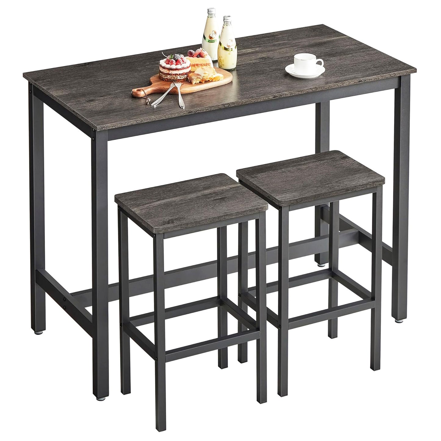 3 Piece Grandeur Premium Rustic Wood & Steel Bar Table and Stools Dinning Set (Driftwood Grey)