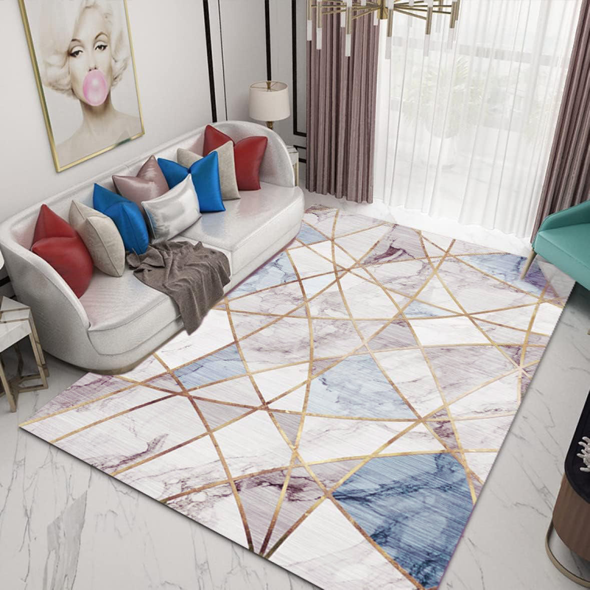XL Extra Large Lush Plush Blue Marble Rug Carpet Mat (300 x 200)