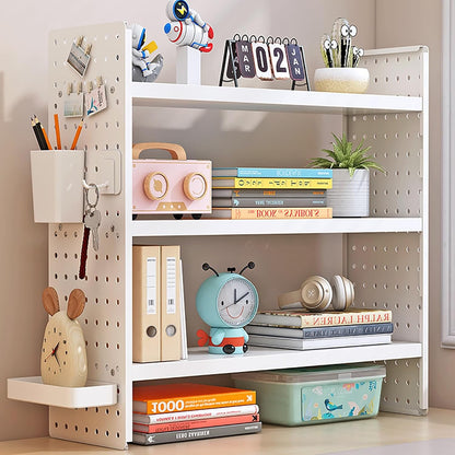 Multifunction Wooden Metal Desktop Bookshelf Pegboard Organizer Rack (White)