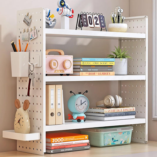 Multifunction Wooden Metal Desktop Bookshelf Pegboard Organizer Rack (White)